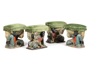 View full screen - View 1 of Lot 6. A suite of four Venitian style polychrome painted stools, late 19th century | Suite de quatre tabourets en bois laqué dans le goût vénitien du XVIIème siècle, fin du XIXème siècle.