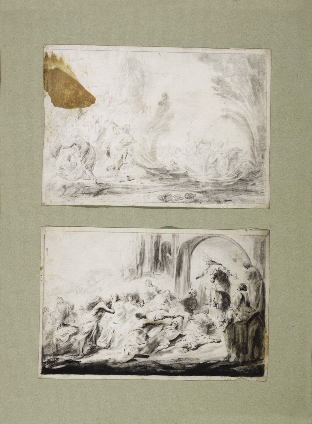 View full screen - View 1 of Lot 79. Four biblical scenes: A) David Spares Saul's Life (1 Samuel 24); B) The enemies of King Jehoram struck with blindness (2 Kings 6)?; C) Elisha hears the news of the Arameans’ departure (2 Kings 7) D) Moses instructs the Israelites to set up camp beside the Red Sea (Exodus 14).