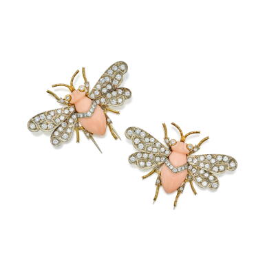 View full screen - View 1 of Lot 228. Two Gold, Coral and Diamond Dress Clips.