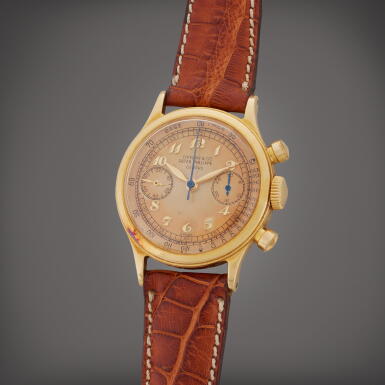View full screen - View 1 of Lot 43. Reference 1463 'Tasti Tondi' | Retailed by Tiffany & Co.: A yellow gold chronograph wristwatch, Made in 1949.