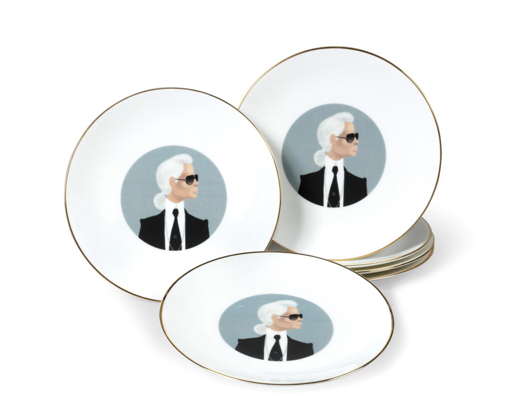 View full screen - View 1 of Lot 2177. Maison Consept, six porcelain dessert plates with Karl Lagerfeld's portrait, designed by Adrian Valencia | Maison Consept, six assiettes à dessert en porcelaine à l'effigie de Karl Lagerfeld, designées par Adrian Valencia.