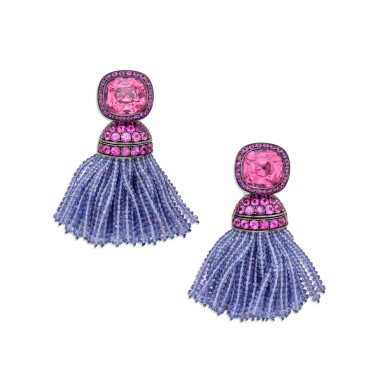 View full screen - View 1 of Lot 76. Pair of Spinel, Pink Sapphire and Tanzanite Earclips.