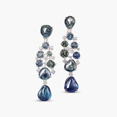 View full screen - View 1 of Lot 1667. Pair of Sapphire, Coloured Sapphire and Diamond Pendent Earrings | 卡地亞 | 藍寶石 配 彩色藍寶石 及 鑽石 耳墜一對.