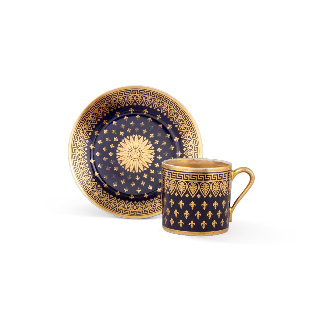 View full screen - View 1 of Lot 633. A Sèvres porcelain 'bleu profond semis de fleur de lys" tea cup and saucer, dated january 1816 | Grande tasse et sa sous-tasse en porcelaine de Sèvres, à fond bleu profond et semis de fleur de lys, datées janvier 1816.