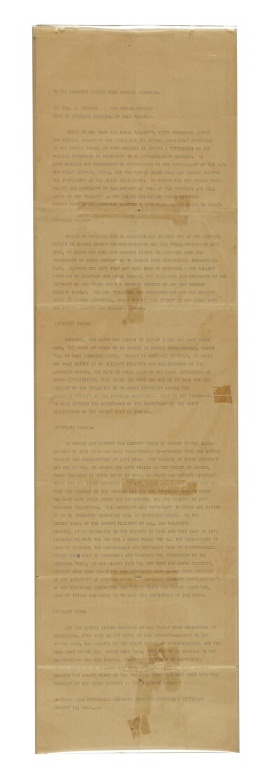 View full screen - View 1 of Lot 114. (WORLD WAR II) | Teletype of Emperor Hirohito's Surrender Address, 15 August 1945.