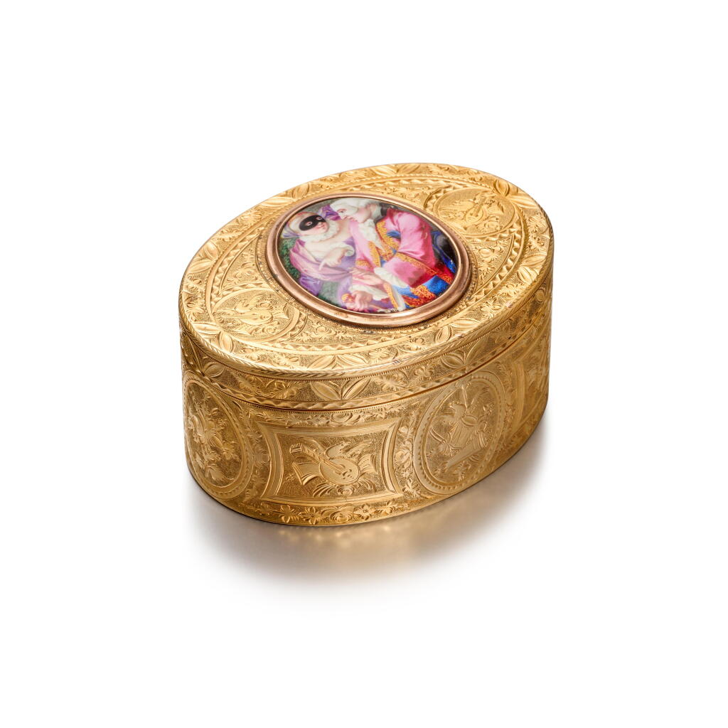 View full screen - View 1 of Lot 1061. A gold and enamel snuff box, probably Marchand & Compagnie, Hanau, circa 1775.