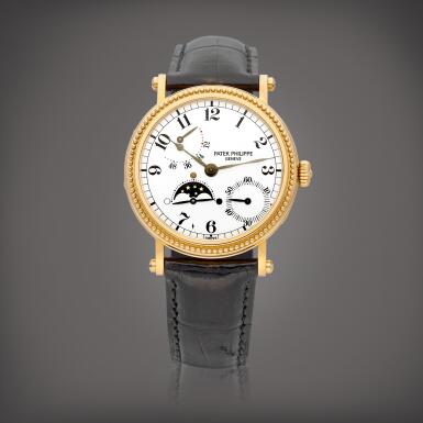 View full screen - View 1 of Lot 8618. Reference 5015 | A pink gold wristwatch with moon phases and power reserve indication, Circa 1995 | 百達翡麗 | 型號5015 | 粉紅金腕錶,備月相及動力儲備顯示,約1995年製.