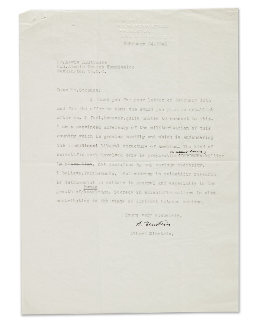 View full screen - View 1 of Lot 20. EINSTEIN TLS TO STRAUS | ON HIS OPPOSITION TO THE MILITARIZATION OF THE US, 24 FEB 1948.