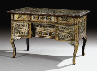 View full screen - View 1 of Lot 3. AN EBONY, AMARANTH, COPPER AND PEWTER MARQUETRY BUREAU BRISÉ, LOUIS XIV, ATTRIBUTED TO PIERRE GOLE, LATE 17TH CENTURY | BUREAU BRISÉ EN MARQUETERIE D’ÉBÈNE, AMARANTE, CUIVRE ET ÉTAIN D’ÉPOQUE LOUIS XIV, FIN DU XVIIE SIÈCLE, ATTRIBUÉ À PIERRE GOLE.