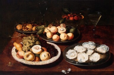 View full screen - View 1 of Lot 112. Still life with oysters, fruit and glasses on a table.