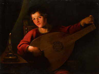 View full screen - View 1 of Lot 59. Young man playing a lute by candlelight.