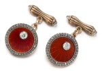 A pair of Fabergé jewelled rose gold and guilloché enamel cufflinks, workmaster August Hollming, St Petersburg, 1899-1904