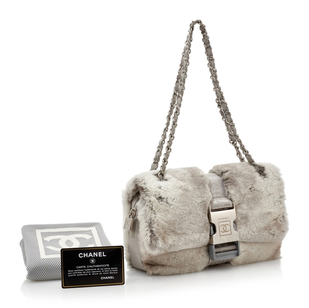 View full screen - View 1 of Lot 114. GREY LAPIN FUR AND TECH FABRIC SPORT LINE FLAP SHOULDERBAG, CHANEL.