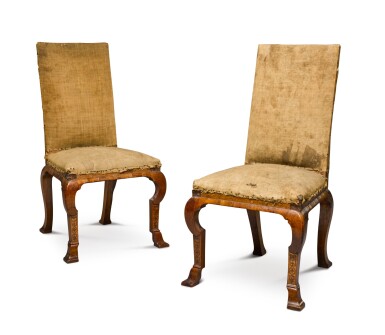 View full screen - View 1 of Lot 13. A pair of Queen Anne walnut and marquetry side chairs, circa 1705, attributed to Thomas or Richard Roberts.