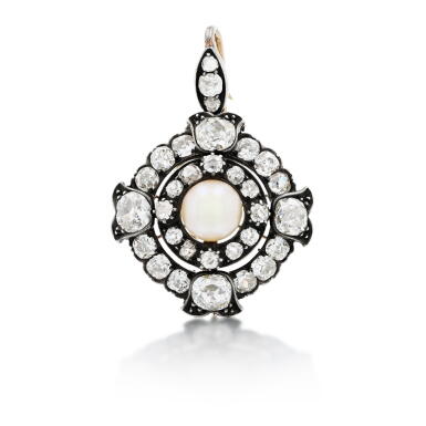 View full screen - View 1 of Lot 73. Natural pearl and diamond pendant .