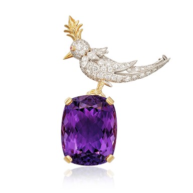 View full screen - View 1 of Lot 1810. 'Bird on a Rock' Amethyst, Diamond and Pink Sapphire Brooch | 蒂芙尼 Schlumberger 設計 | 'Bird on a Rock' 紫水晶 配 鑽石 及 粉紅色剛玉 胸針 '.