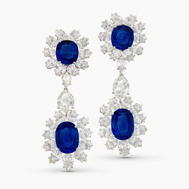 View full screen - View 1 of Lot 1734. Pair of Sapphire and Diamond Pendant Earclips | 「斯里蘭卡」及「馬達加斯加」藍寶石 配 鑽石 耳夾一對.