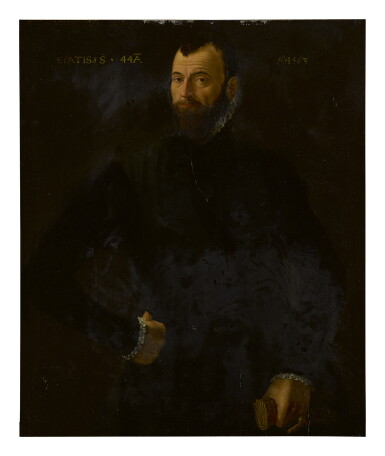 View full screen - View 1 of Lot 270. CIRCLE OF ANTONIS MOR | PORTRAIT OF A GENTLEMAN AT AGE 44, THREE-QUARTER LENGTH, HOLDING A GLOVE.
