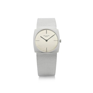 View full screen - View 1 of Lot 55. PATEK PHILIPPE | REFERENCE 3523/1 A WHITE GOLD SQUARE SHAPED BRACELET WATCH, MADE IN 1968.