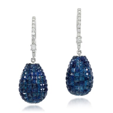 View full screen - View 1 of Lot 82. Pair of sapphire and diamond earrings.
