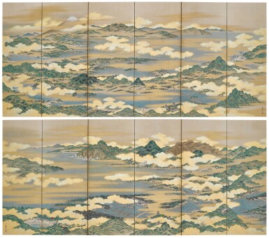 View full screen - View 1 of Lot 2040. Sakuma Soen (d. 1828), Bird’s-Eye View of Famous Places (Meisho chokan-zu), Edo period, 18th century | 佐久間草偃 名所鳥瞰図屏風 江戸時代中期 18世紀末期.