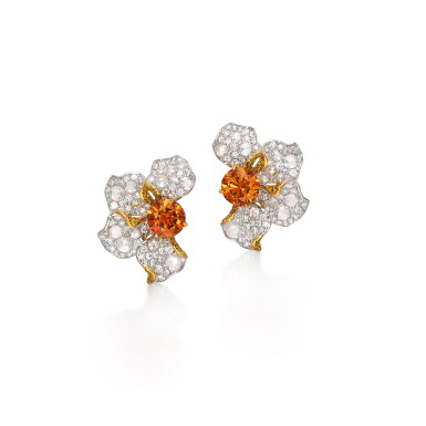 View full screen - View 1 of Lot 1813. Pair of Fancy Deep Brownish Yellowish Orange Diamond and Diamond Earrings | 2.09及2.02克拉 深彩棕黃橙色鑽石 配 鑽石 耳環一對.