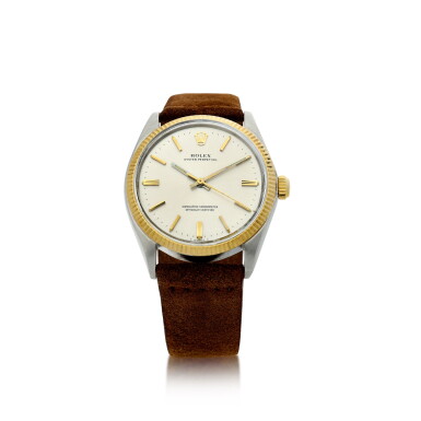 View full screen - View 1 of Lot 553. REFERENCE 1005 OYSTER PERPETUAL A STAINLESS STEEL AND YELLOW GOLD AUTOMATIC WRISTWATCH, CIRCA 1971.