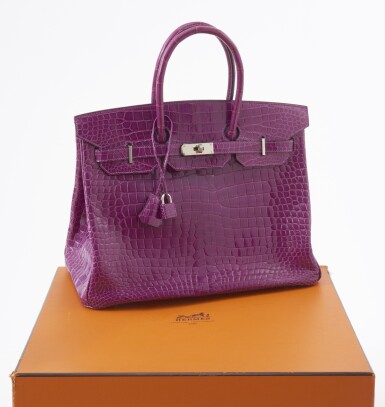 View full screen - View 1 of Lot 17. Shiny purple porosus crocodile and palladium hardware handbag, Birkin 35, Hermès, 2007.
