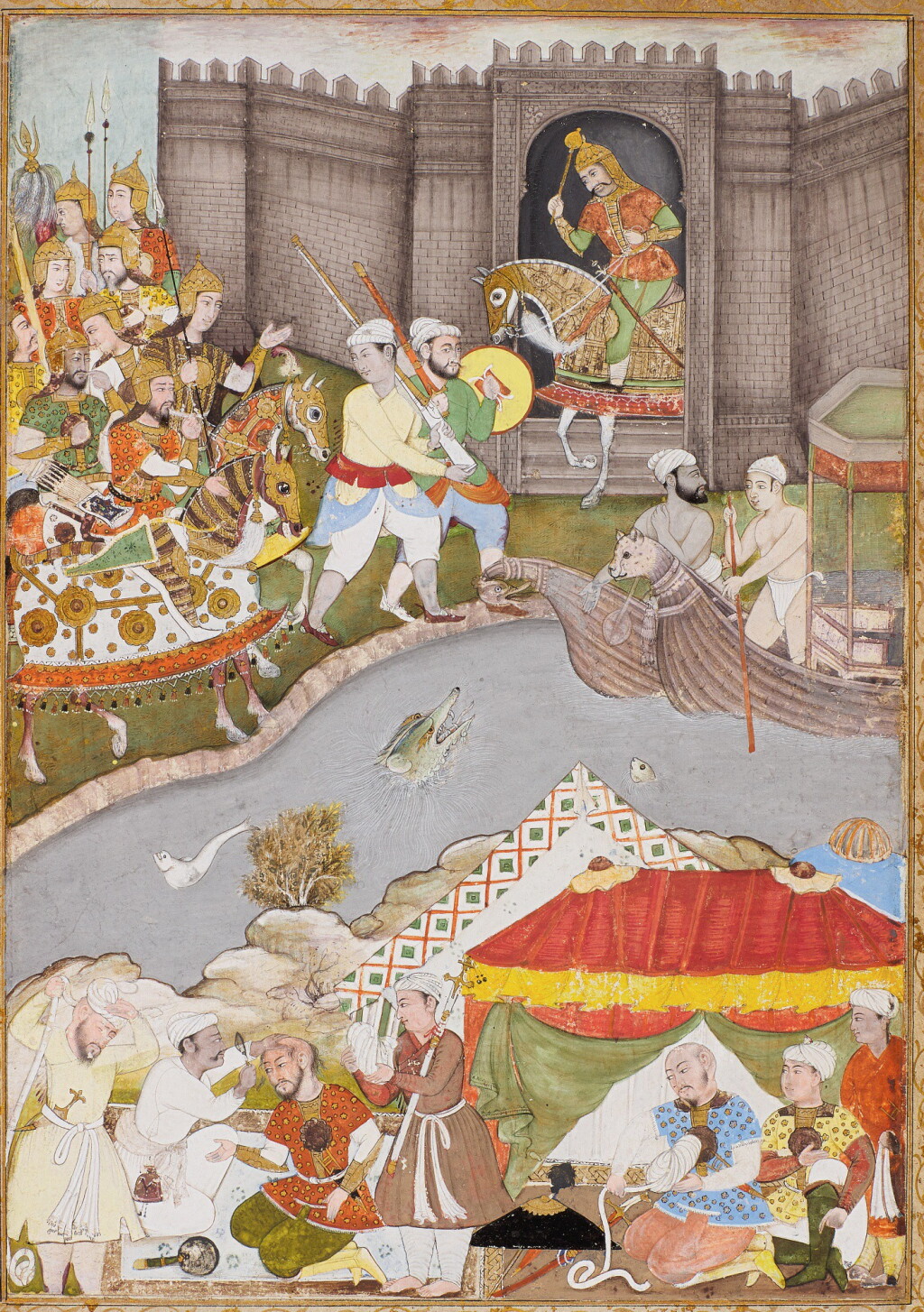 View full screen - View 1 of Lot 185. AN ARMY APPROACHES A FORT BY A RIVER, ILLUSTRATION FROM A MUGHAL MANUSCRIPT, INDIA, POPULAR MUGHAL, EARLY 17TH CENTURY, REPAINTED EARLY 19TH CENTURY.