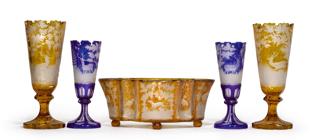 View full screen - View 1 of Lot 136. Two pairs of Bohemian stained and engraved glass vases and a quatrefoil jardinière, similar, late 19th century.