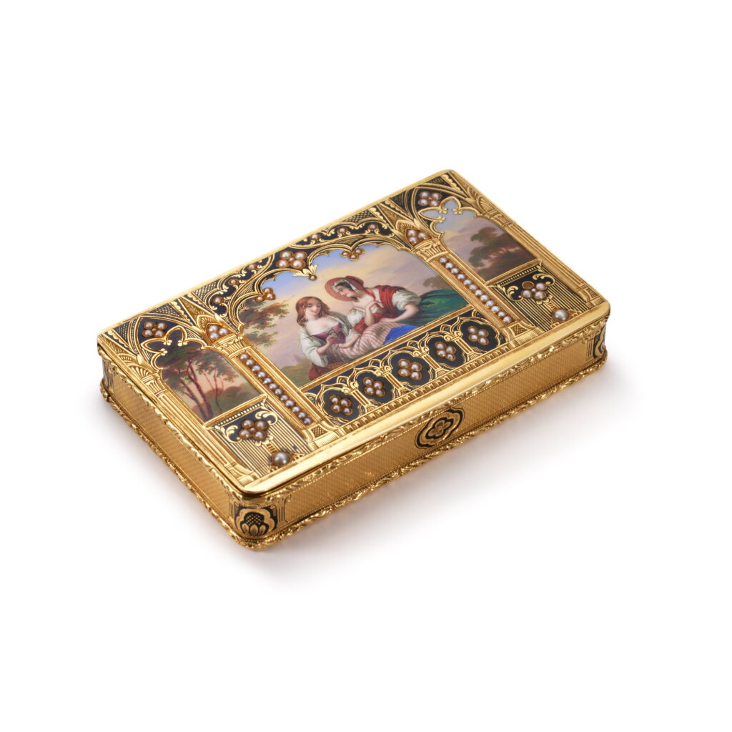 View full screen - View 1 of Lot 139. An Enameled Gold "Gothic" Snuff Box Set with Pearls, Probably Swiss, Circa 1845.