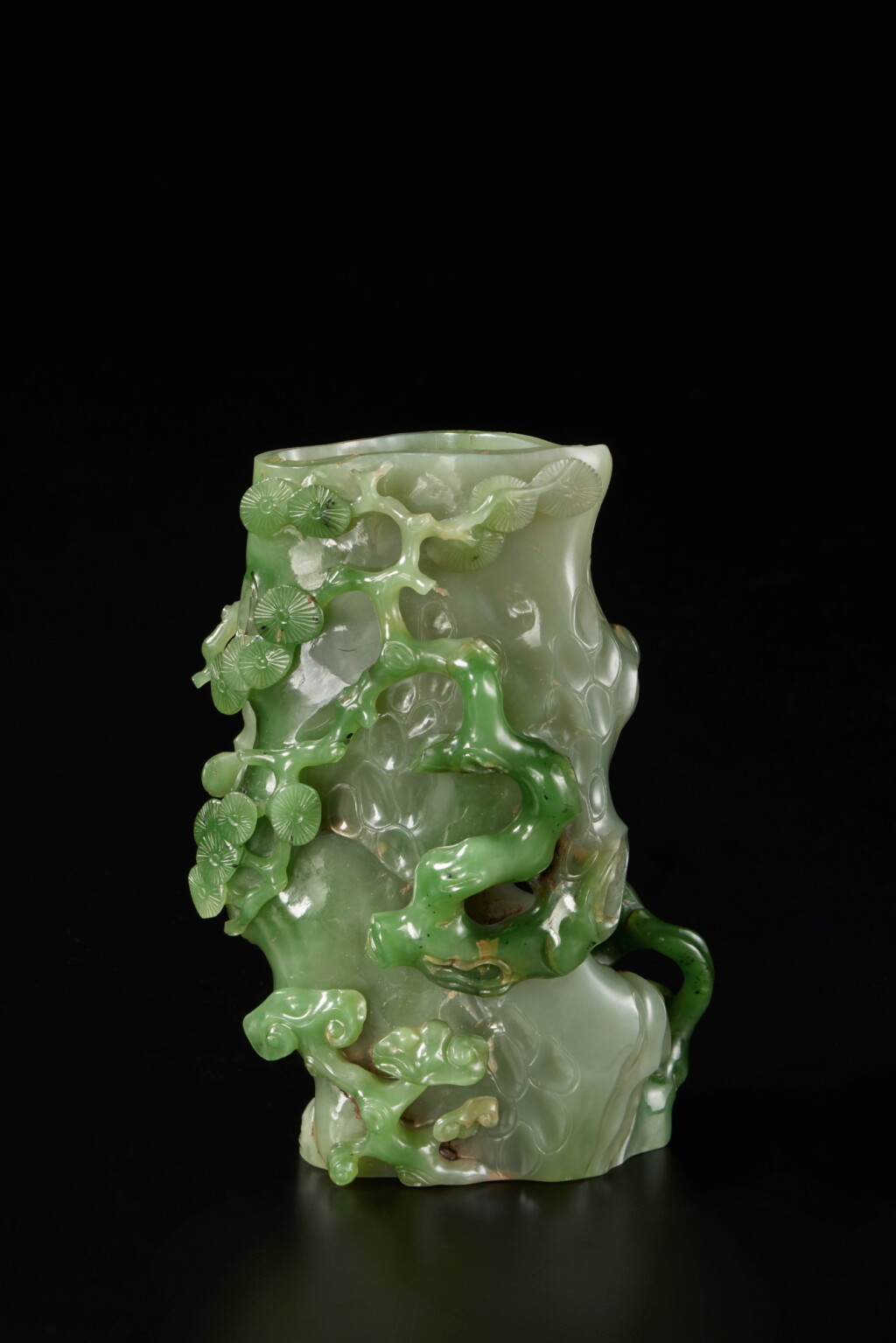 View full screen - View 1 of Lot 87. A green jade 'pine tree and lingzhi' vase, Qing dynasty, Qianlong period.