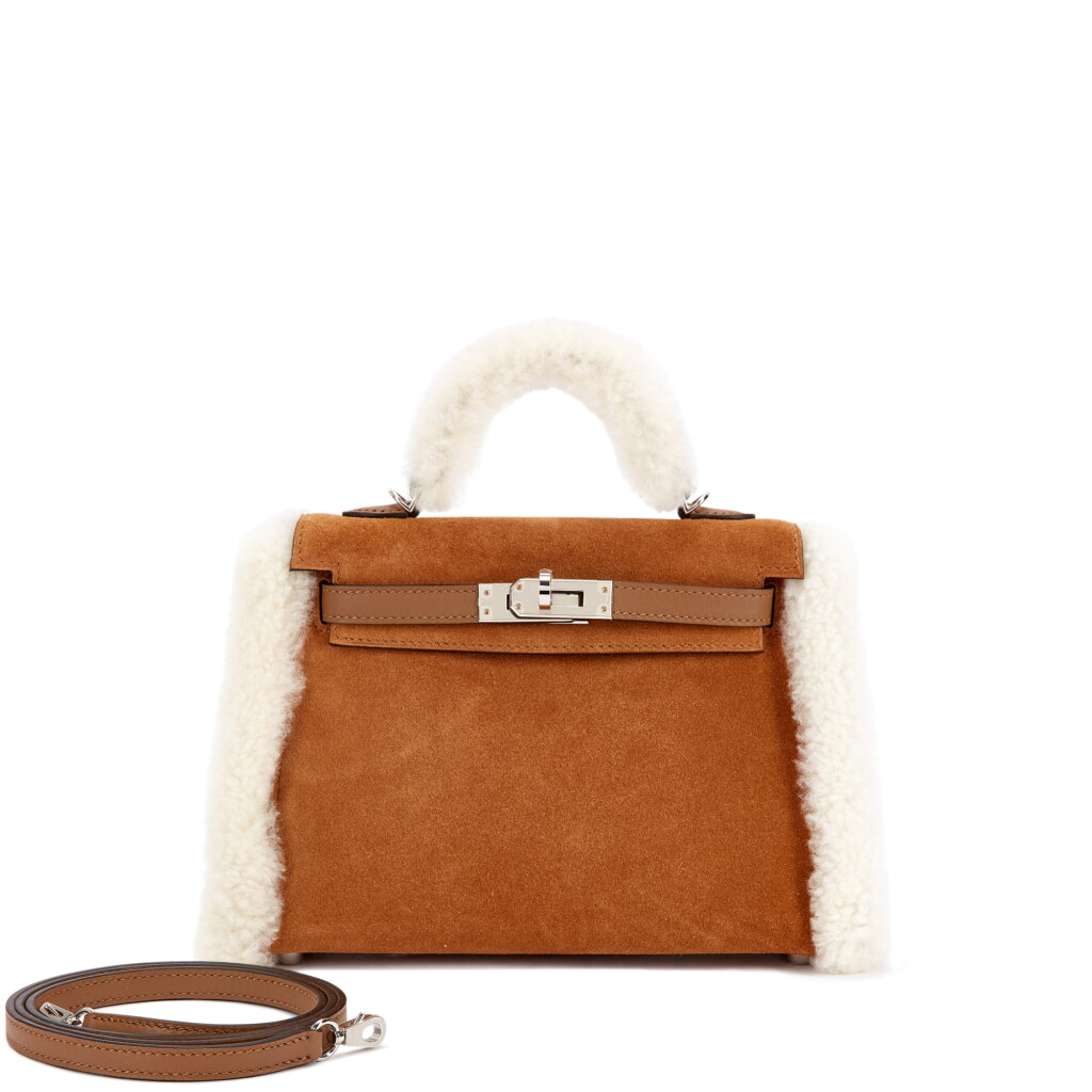 View full screen - View 1 of Lot 950. Limited Edition Alezan Swift, Chamois Grizzly and Ecru Shearling Teddy Plush Mini Kelly II 20 Palladium Hardware, 2023.