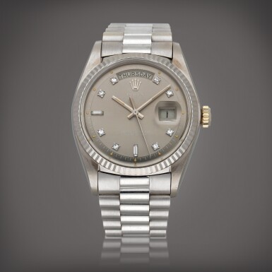 View full screen - View 1 of Lot 23. Day-Date, Reference 1803 A white gold wristwatch with day, date and bracelet Circa 1975 | 勞力士 | Day-Date 型號 1803 白金鍊帶腕錶備星期及日期顯示,製作年份約 1975.