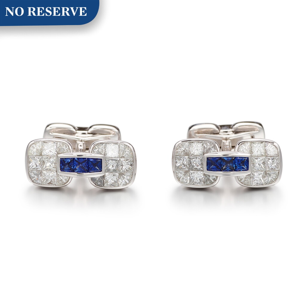 View full screen - View 1 of Lot 1106. Pair of Sapphire and Diamond Cufflinks | 格拉夫| 藍寶石 配 鑽石 袖扣一對 (藍寶石及鑽石共重約1.10及3.30克拉).