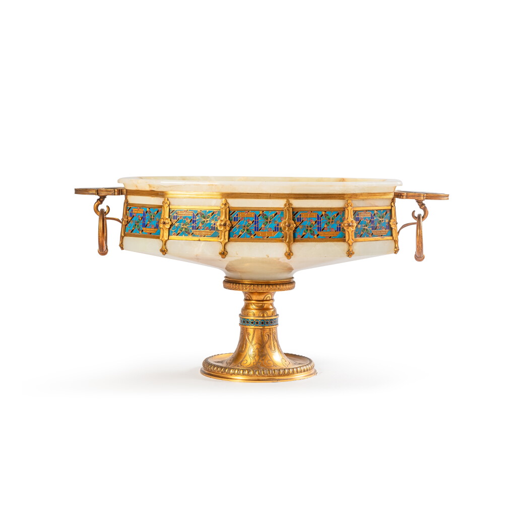 View full screen - View 1 of Lot 158. A Napoléon III gilt-bronze and enamel mounted onyx centerpiece, circa 1860, signed by Ferdinand Barbedienne, after a design by Louis-Constant Sévin.