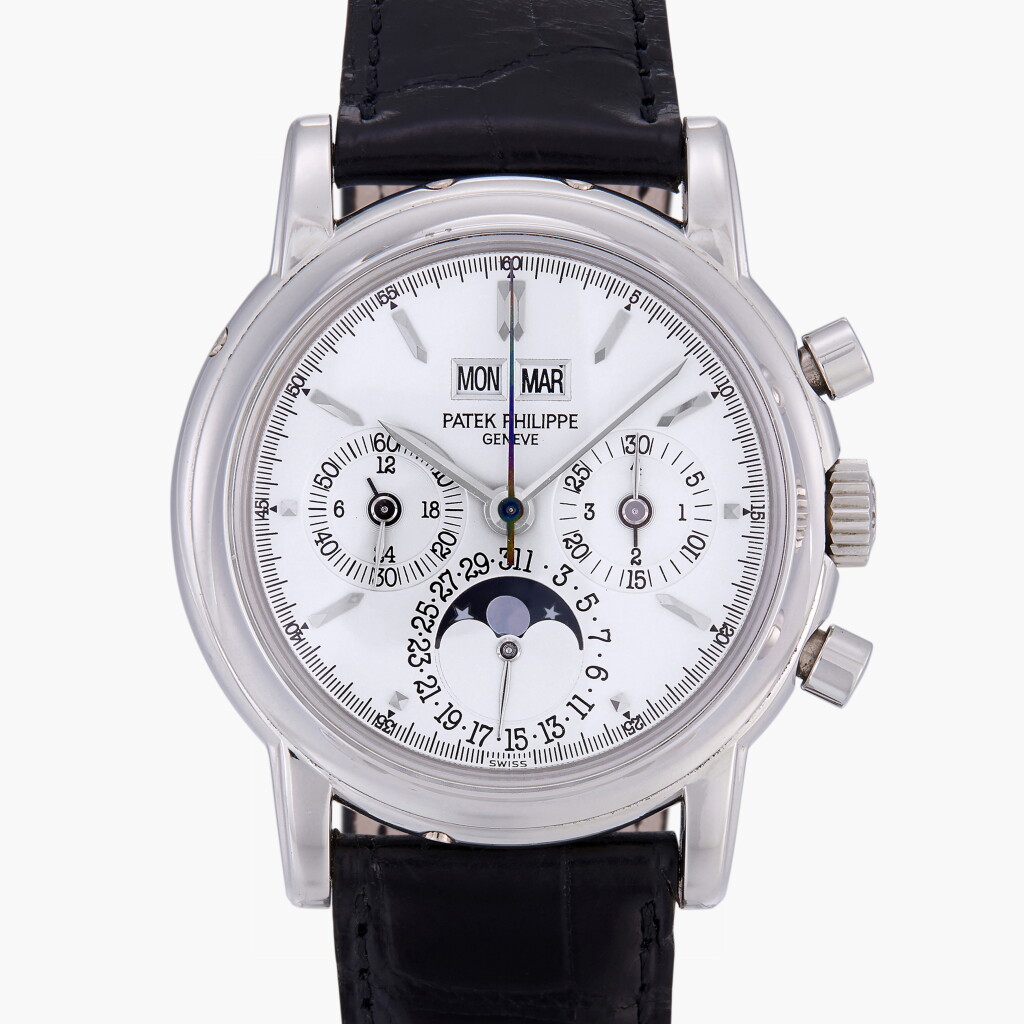 View full screen - View 1 of Lot 39. Reference 3970EP-032 | A platinum perpetual calendar chronograph wristwatch with moon phases, leap year and 24-hour indication | Circa 2003.