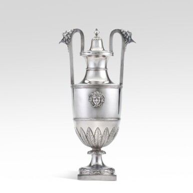 View full screen - View 1 of Lot 106. An Italian silver double-handled coffee pot by Giovacchino Belli, Roma, after 1795, after a model by Valadier.