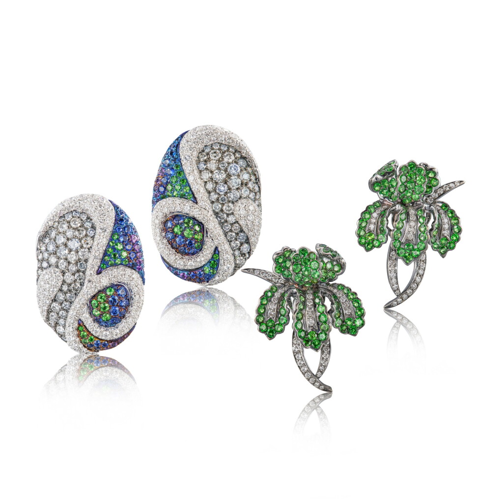 View full screen - View 1 of Lot 288. Pair of Green Garnet and Diamond Ear Clips; and Pair of Gem Set and Diamond Ear Clips by Carnet | 綠色石榴石 配 鑽石 耳夾一對 及 Carnet寶石 配 鑽石 耳夾一對.