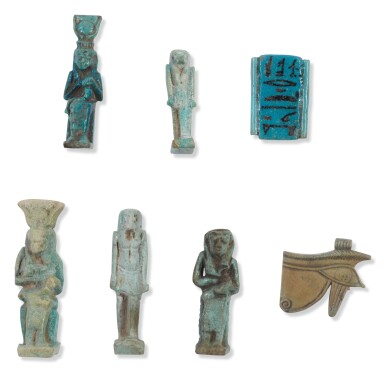 View full screen - View 1 of Lot 181. FIVE EGYPTIAN BLUE-GLAZED AMULETIC FIGURES, 26TH DYNASTY, CIRCA 664-525 B.C..