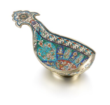 View full screen - View 1 of Lot 295. A silver-gilt, plique-à-jour and cloisonné enamel kovsh, Gustav Klingert, Moscow, circa 1885.