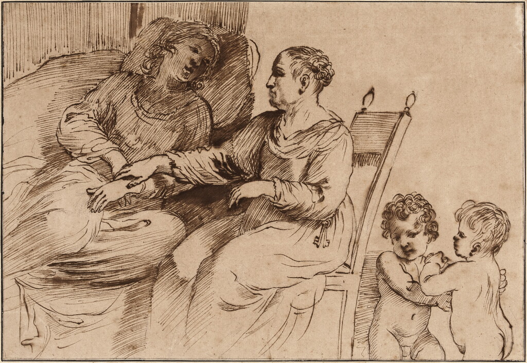 View full screen - View 1 of Lot 159. A young woman being nursed, while two children play.