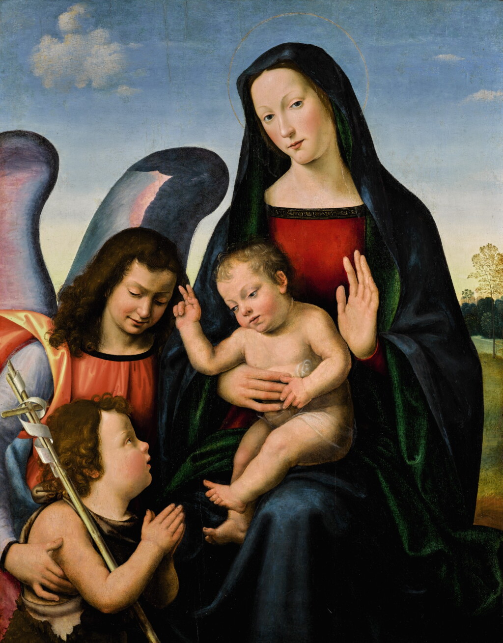 View full screen - View 1 of Lot 2. The Virgin and Child with the young Saint John the Baptist and an angel | 《聖母與聖嬰、少年施洗者聖約翰及天使》.