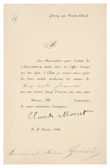 View full screen - View 1 of Lot 103. Claude Monet | Printed letter signed, to Henri Charles Guerard, on the purchase of Manet's Olympia, 1890.