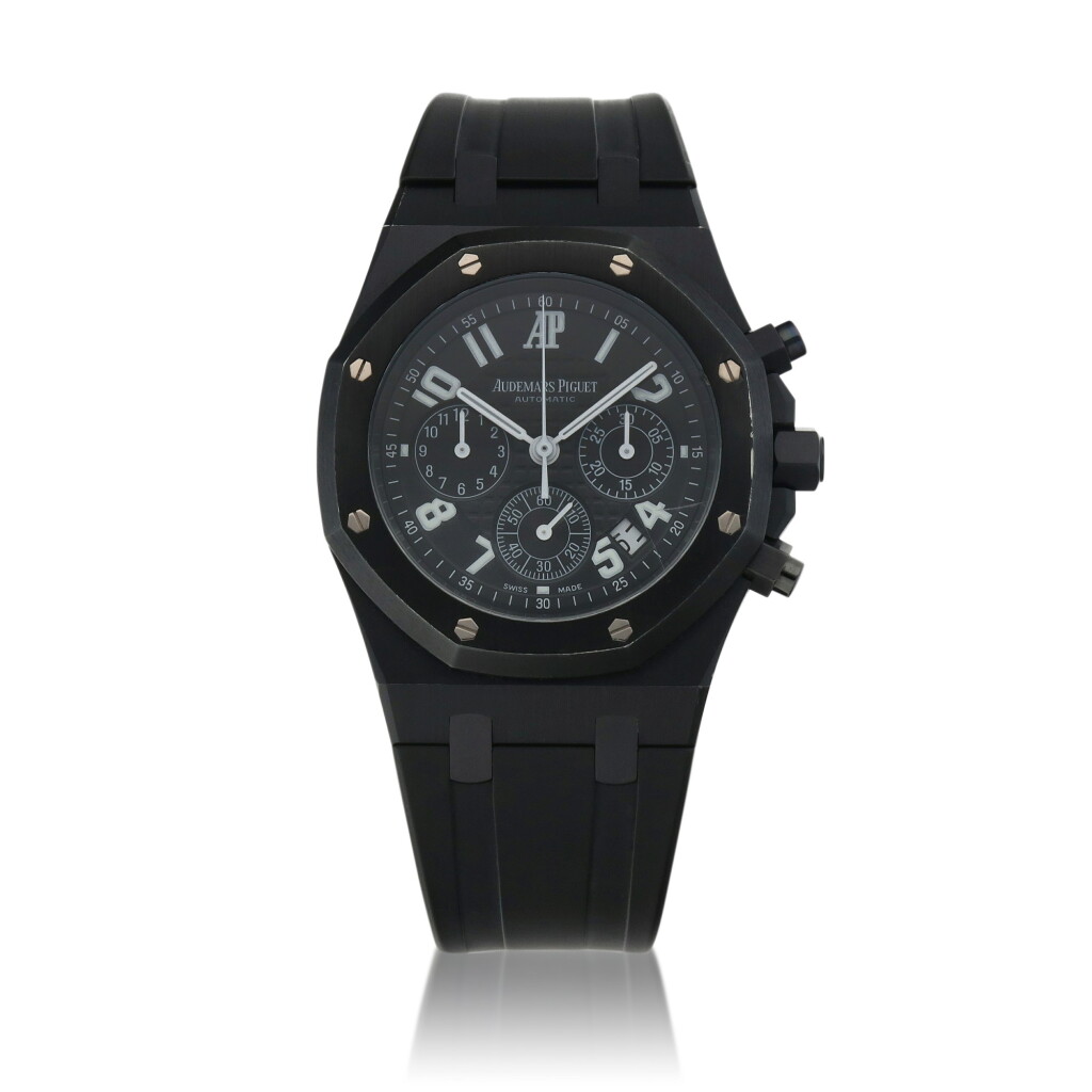 View full screen - View 1 of Lot 27. New York Boutique Edition Royal Oak, Ref. 26014SN.OO.D002CR.01, Limited edition black PVD-coated stainless steel chronograph wristwatch with date Circa 2004 | 愛彼 | 26014SN.OO.D002CR.01型號「New York Boutique Edition Royal Oak」限量版黑色PVD塗層精鋼計時腕錶備日期顯示,約2004年製.