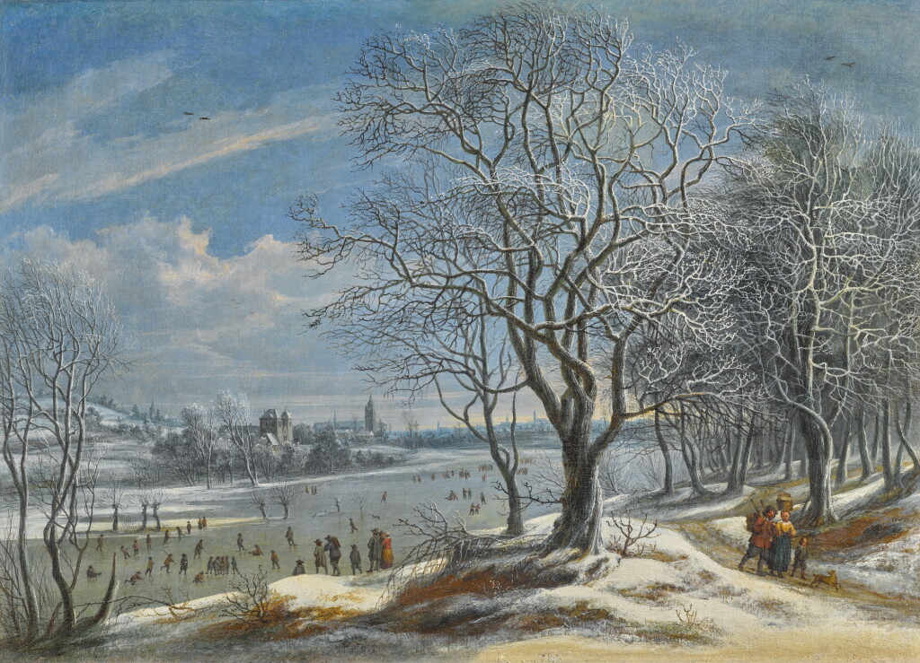 View full screen - View 1 of Lot 159. DANIËL VAN HEIL | Winter landscape and skaters with figures on a path in a wood, a town (probably Antwerp) beyond.