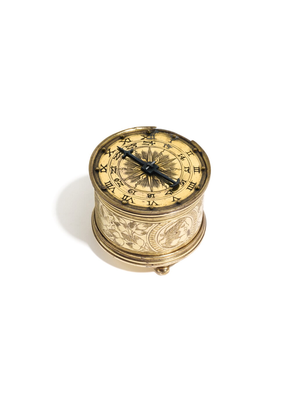View full screen - View 1 of Lot 1. A SMALL GILT-BRASS RENAISSANCE DRUM TIMEPIECE, GERMAN, CIRCA 1550.