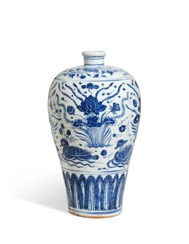 View full screen - View 1 of Lot 2107. A blue and white 'lotus pond' vase, meiping, Ming dynasty, 15th century | 明十五世紀 青花蓮池水禽圖梅瓶.