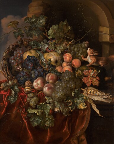 View full screen - View 1 of Lot 206. Still life of grapes, peaches, apricots, pears, walnuts and chestnuts, with a squirrel, on a ledge partially draped with a red cloth in a ruined stone niche .