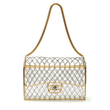 View full screen - View 1 of Lot 359. Clear Cage Bag in Lucite with Beading, Gold Tone Frame and Chain Strap, circa 1990s.